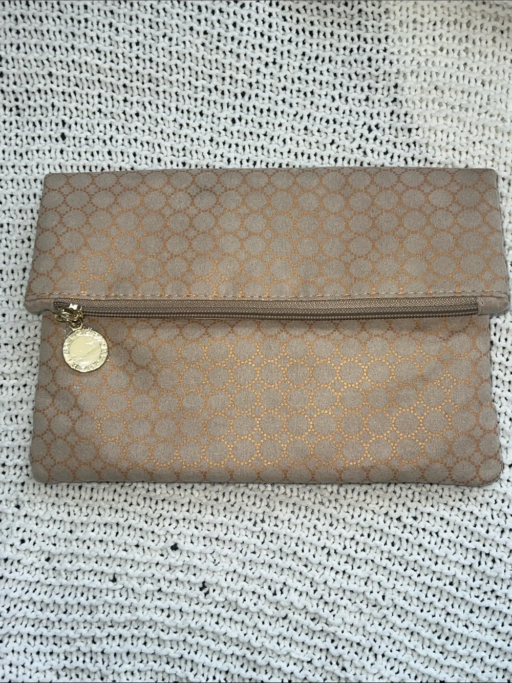 Bulgari Metallic Taupe Fold-Over Clutch with Gold Charm